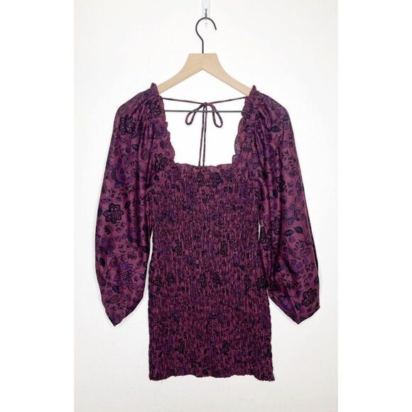 Free People Smock It To Me Mini Dress Puff Sleeve Plum Floral Size XS NEW - Picture 3 of 9